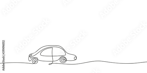 Continuous one line drawing car on road, Black and white minimalist single line transport vector sketch illustration