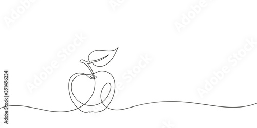 Apple with leaf continuous one line drawing, Black and white vector minimalist linear illustration made of single line