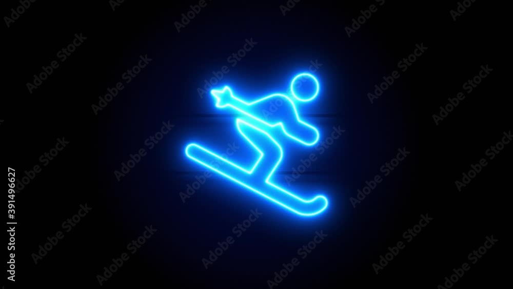 Skiing neon sign appear in center and disappear after some time. Animated blue neon icon on black background. Looped animation. Skiing neon sign appear in center and disappear after some time. Animated blue neon icon on black background. Looped animation.
