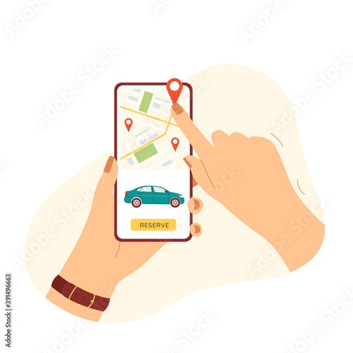 Female hands hold a smartphone with a car search application. The concept of carsharing geolocation on the city map, fast online taxi search, car rental. Isolated vector illustration