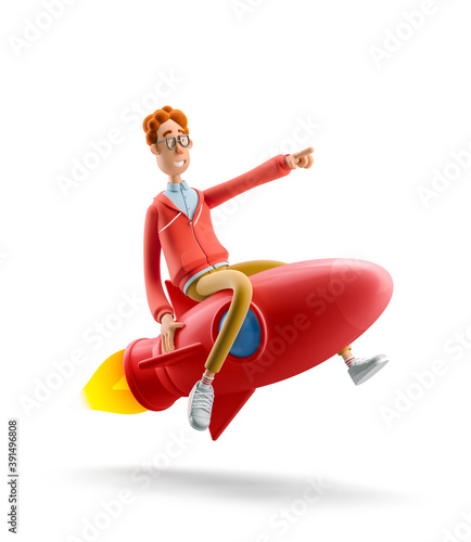 3d illustration. Nerd Larry is flying on a rocket. Innovation and Startup Concept.
