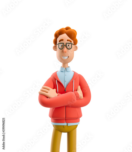 3d illustration. Nerd Larry standing with hands crossed.