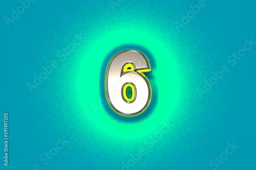 Silver metal font with yellow outline and green noisy backlight - number 6 isolated on blue, 3D illustration of symbols