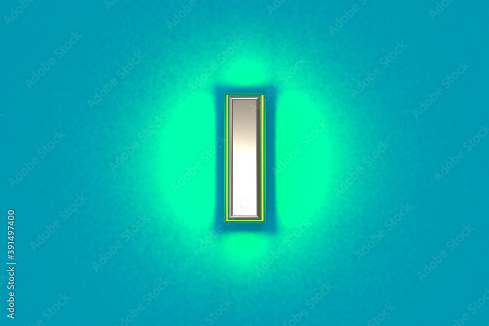 Silver metallic font with yellow outline and green noisy backlight - letter I isolated on teal background, 3D illustration of symbols Silver metallic font with yellow outline and green noisy backlight - letter I isolated on teal background, 3D illustration of symbols
