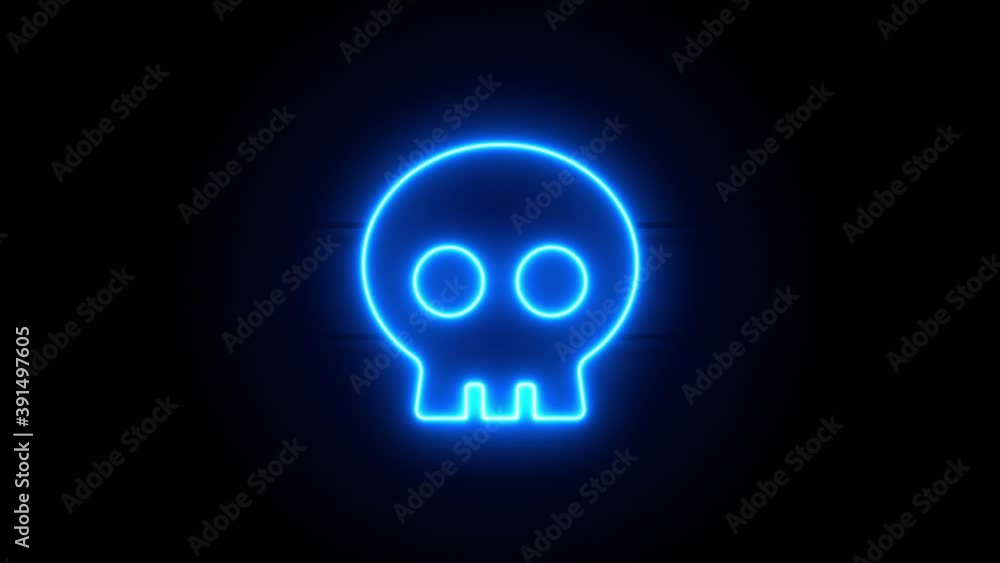 Skull neon sign appear in center and disappear after some time. Animated blue neon icon on black background. Looped animation. Skull neon sign appear in center and disappear after some time. Animated blue neon icon on black background. Looped animation.