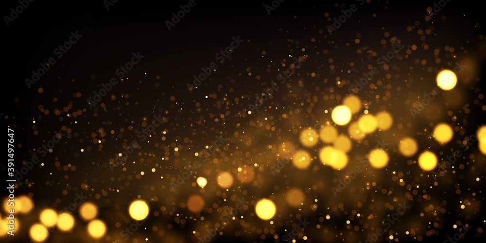 Vector golden glitter lights on black. Abstract luxury background with defocused glitters. Festive backdrop with glowing particles. Vector golden glitter lights on black. Abstract luxury background with defocused glitters. Festive backdrop with glowing particles.