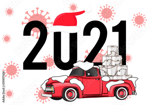 Toilet Roll Pyramid. Winter Holidays during Coronavirus. Christmas and New Year 2021 during Quarantine. Christmas Party Covid-19. Flat Vector Illustration
