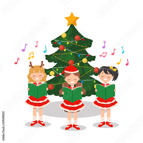 Group of children singing Christmas carol in front of decorated Christmas tree. Flat vector cartoon character isolated on white.