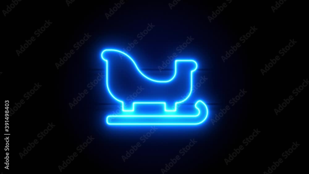 Sleigh neon sign appear in center and disappear after some time. Animated blue neon icon on black background. Looped animation. Sleigh neon sign appear in center and disappear after some time. Animated blue neon icon on black background. Looped animation.