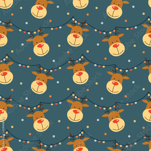 Seamless pattern with funny deer and garland. New Year's design.