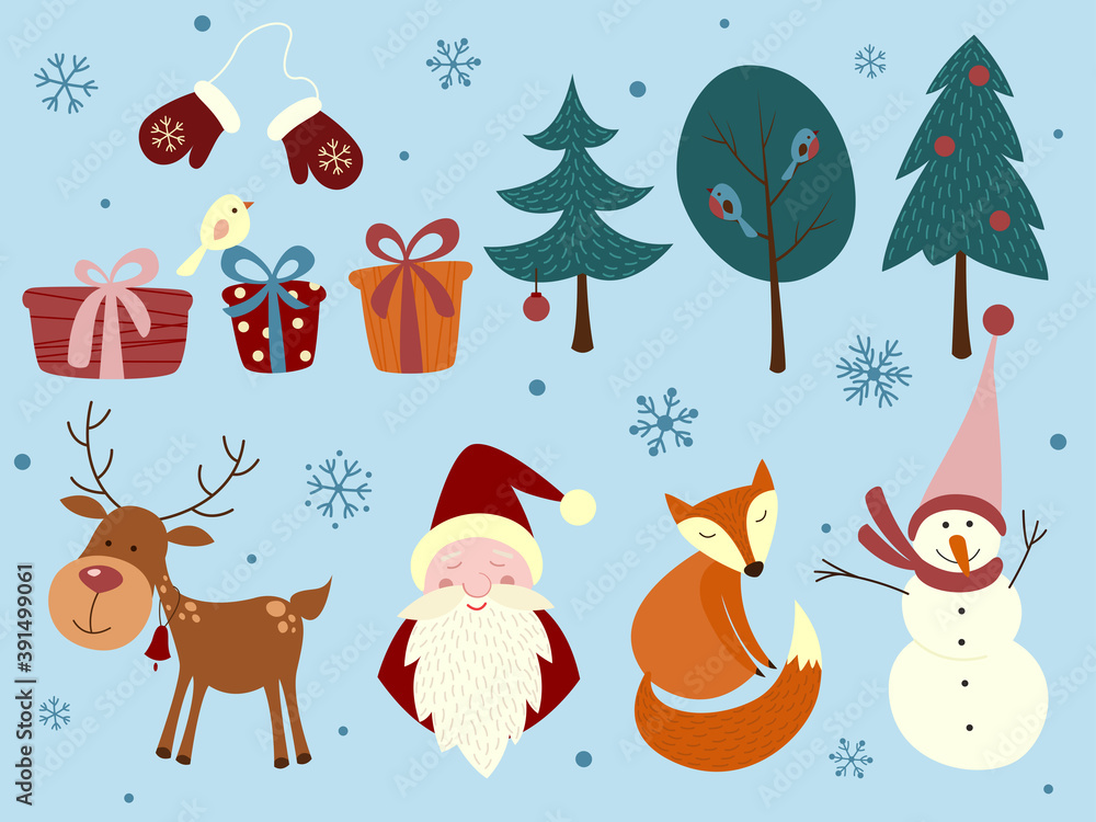 Vector set of holiday icons: gift, fox, santa claus, deer, mittens, snowman. Childrens illustrations for Christmas. Winter postcard. Happy New Year. Vector set of holiday icons: gift, fox, santa claus, deer, mittens, snowman. Childrens illustrations for Christmas. Winter postcard. Happy New Year.