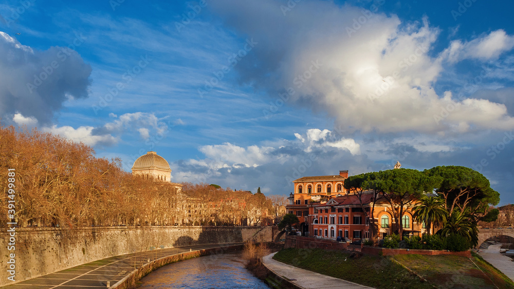 Winter view of Tiber Island and Rome Synagogue dome with beautiful sky
