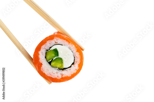 Philadelphia sushi with cream cheese and avocado on sticks isolated on a white background