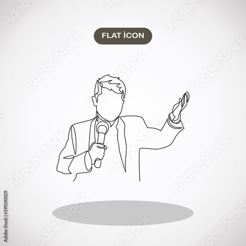 Business conference, business meeting. Man at rostrum in front of audience. Public speaker giving a talk at conference hall- continuous line drawing