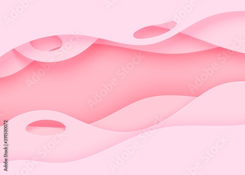 Paper cut background with waves and hole. Pink 3d abstract backdrop, smooth wavy layers. Women's Breast Cancer Concept. Horizontal poster template in pastel rose color. Female vector card illustration