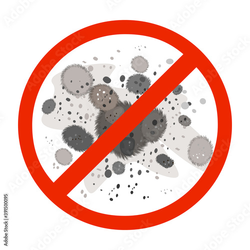 No mold sign isolated on white background. Stop mold icon for antibacterial products. Flat red prohibition sign. Condensation, damp, high humidity and respiratory problems. Stock vector illustration