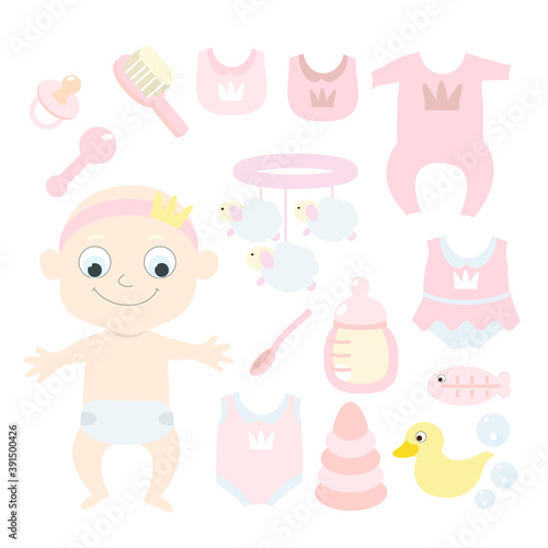 Set for the  albino newborn or the first year of life and children's subjects: mobile, a comb, a feeding bottle, a pacifier, a duck, a body, a bib. Vector illustration of a girl in pastel soft pink.