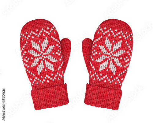 Red wool mittens with isolated pattern on white background, 3D render