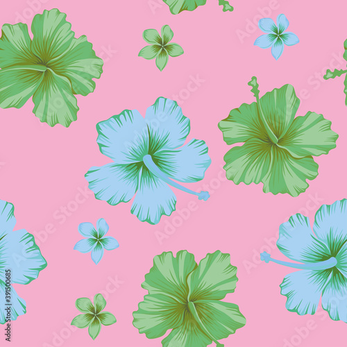 Abstrakcyjna plaża wesoły kolor zielony i niebieski hibiskusa i tropikalne kwiaty frangipani bez szwu wektor wzór na różowym tle