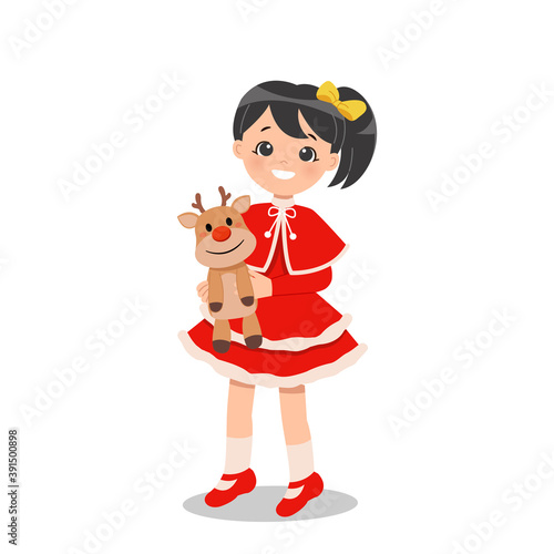 Cute Asian girl in Christmas costume dress holding a reindeer doll. Flat vector cartoon character isolated in white background.