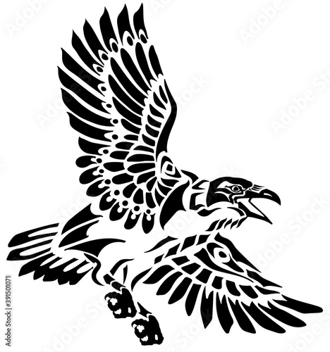 A raven in flight. Flying large bird. Hand drawn crow.  American native indians totem style vector illustration. Black and white tattoo