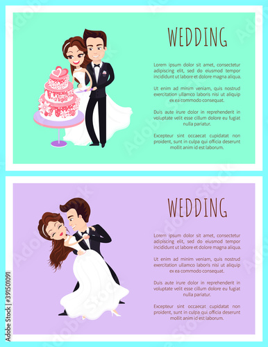 Wedding poster happy newlywed couple cutting cake and dancing first dance. Vector greeting or invitation card with happy groom and bride celebrating marriage