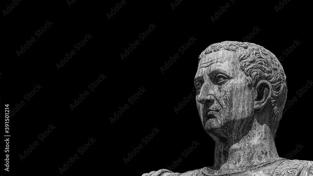 Caesar Augustus Nerva Emperor of Ancient Rome bronze statue along Imperial Fora road (Black and White with copy space) Caesar Augustus Nerva Emperor of Ancient Rome bronze statue along Imperial Fora road (Black and White with copy space)