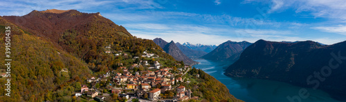 Aerial view of Lugano lake and the Monte Brè village in Canton Ticino