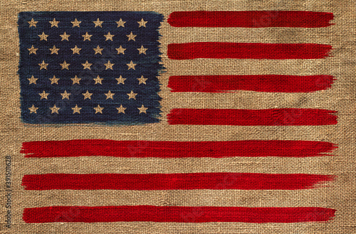 Hand-drawn American flag on a burlap background. American banner imprint.