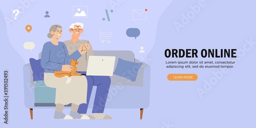 Old people use internet. Modern senior people with laptop. Oldster computer education. Progressive grandparants use notebook to order, pay or buy online. Elderly couple learning to use PC.