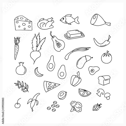 Doodle food set icon isolated on white. Hand drawind line art. Sketch vector stock illustration. EPS 10 photo