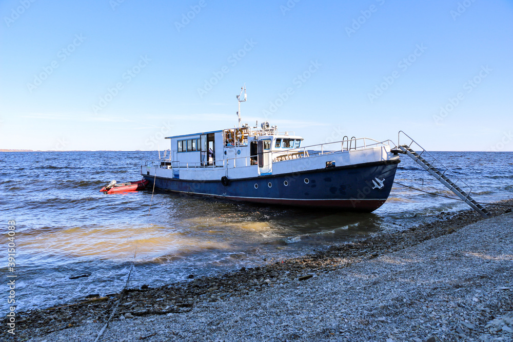 Fototapeta premium industrial merchant seagoing vessel sails on small waves in pre-storm weather. ship with cargo goes to point of delivery of goods.