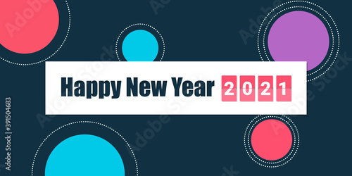 Happy New Year 2021 vector with fireworks, city, balloon and text design.