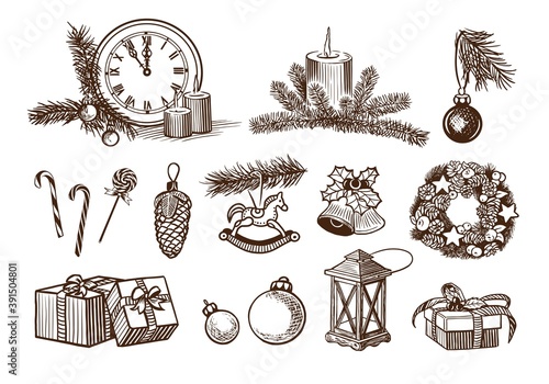 Christmas sketch object collection. Hand drawn engraved Xmas  elements: candles, clock, candy cane, spruce wreath, gifts, lantern, bell