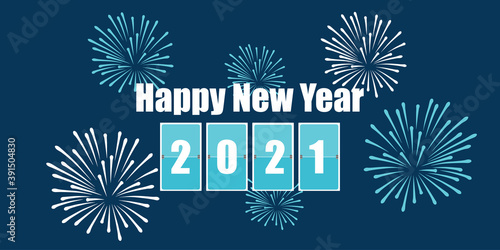 Happy New Year 2021 vector with fireworks, city, balloon and text design.