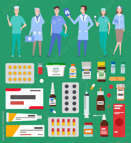 Medication pharmacy, hospital set of medicines in various forms. Medication, pharmaceutics concept. Nurses and doctors. Set of tablets, blister, spray, syrup, syringe, injection for sickness treatment