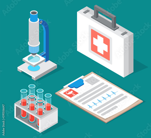 Medical or chemical laboratory equipment. Set of various blood test tubes on a special stand, modern microscope, description of the results of the cardiogram, medical box with big cross in center