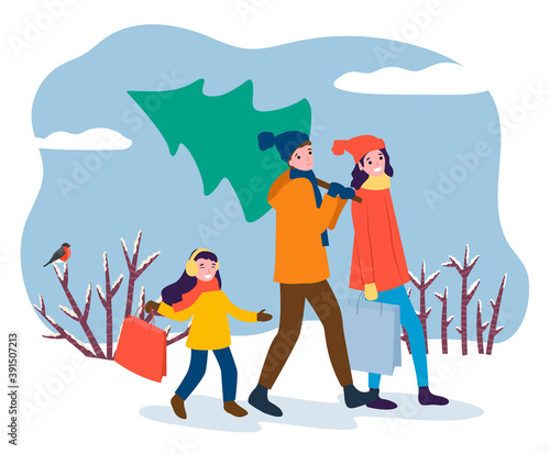 Family returning home with bought Christmas tree for winter holidays. Mom and dad with kid, carrying spruce and bags for xmas celebration. Wintry landscape with bushes and bullfinch vector in flat