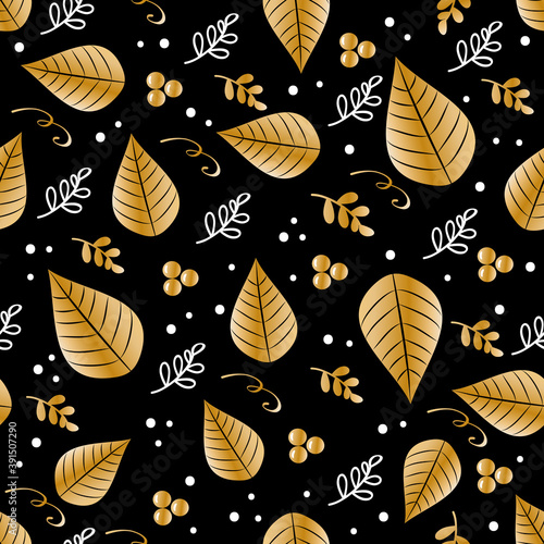 Elegeant golden color leaves and mistletoe seamless pattern for Christmas. Good for wallpaper, wrapping paper, greeting card, and cover design.