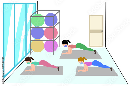 Girls do exercises in medical masks. Women is group training in the Pilates gym during the pandemic. Yoga classes during the coronavirus period. Stock vector illustration.