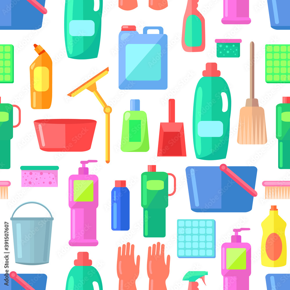 Group of bottles of household chemicals, supplies and cleaning, tools and containers for cleaning. Icons set of multicolored plastic flasks from chemical detergents, mops, buckets, basins, brushes