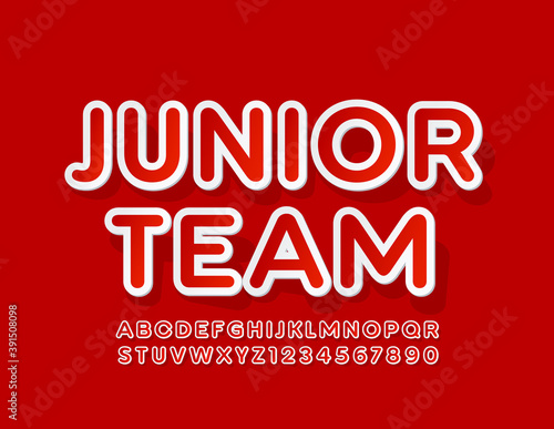 Vector stylish Emblem Junior Team. Creative bright Font. Artistic Alphabet Letters and Numbers set