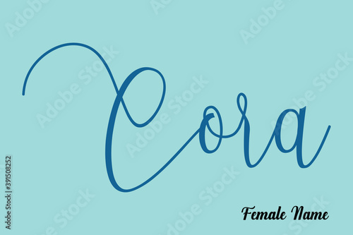 Cora-Female Name Brush Calligraphy Blue Color Text On Light Cyan Background