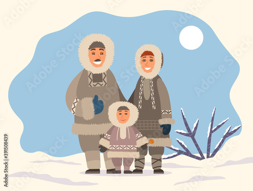 Eskimo family mother, father and son standing together on snowy landscape. Smiling parents hugging little boy outdoor. Happy arctic people wearing traditional warm clothes for cold climate vector