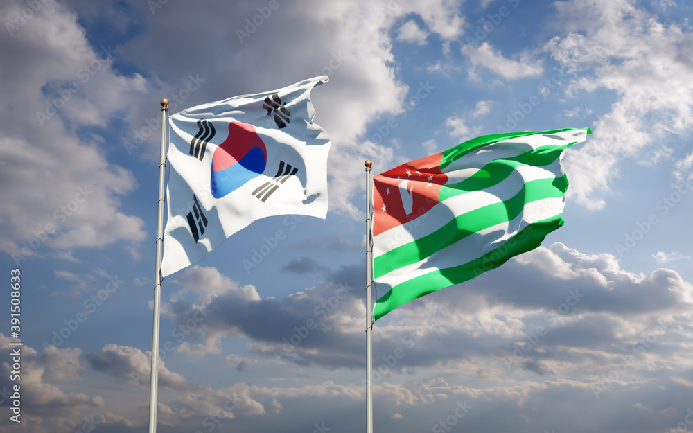 Beautiful national state flags of South Korea and Abkhazia. Beautiful national state flags of South Korea and Abkhazia.