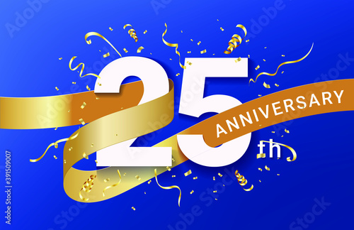 25th Anniversary celebration banner template. Big numbers with sparkles golden confetti and glitters ribbon. Festive event blue background. Realistic 3d style. Vector illustration.