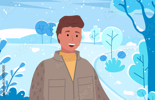 Impressed male enjoying snowy nature outdoor. Winter trip of man character wearing jacket going near trees in blue color. Smiling person traveler in casual clothes walking in frost season vector