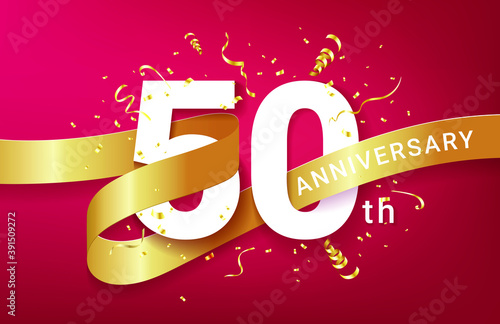 50th Anniversary celebration banner template. Big numbers with sparkles golden confetti and glitters ribbon. Festive event red background. Realistic 3d style. Vector illustration.