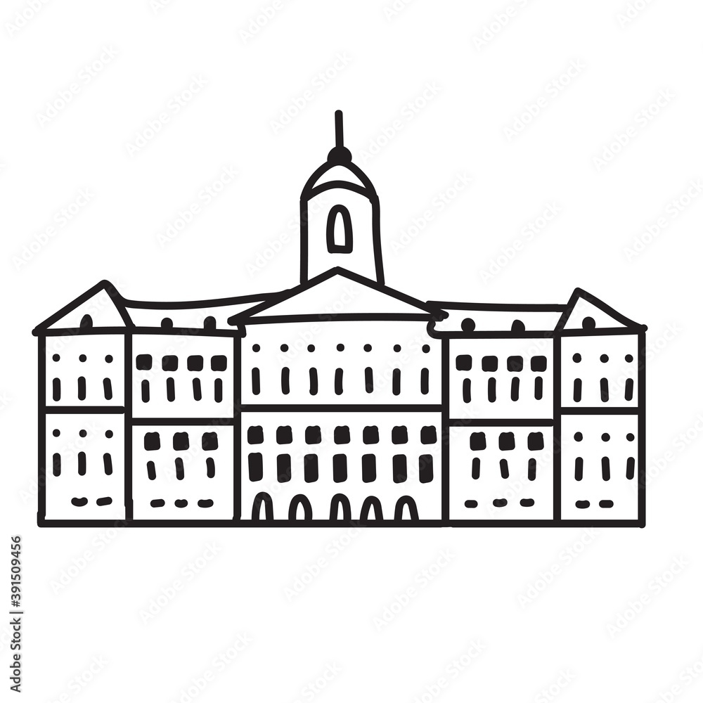 Hand drawn museum building in doodle style. Black stroke. Simple vector illustration isolated on white background
