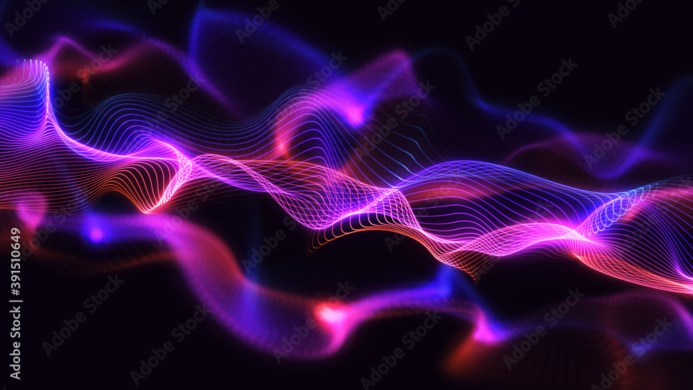 Modern techy background illustration. Glowing wavy line particles with beautiful bokeh effect. Creative 3d concept